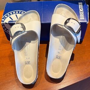 Birkenstock White Sandals with Silver Buckle